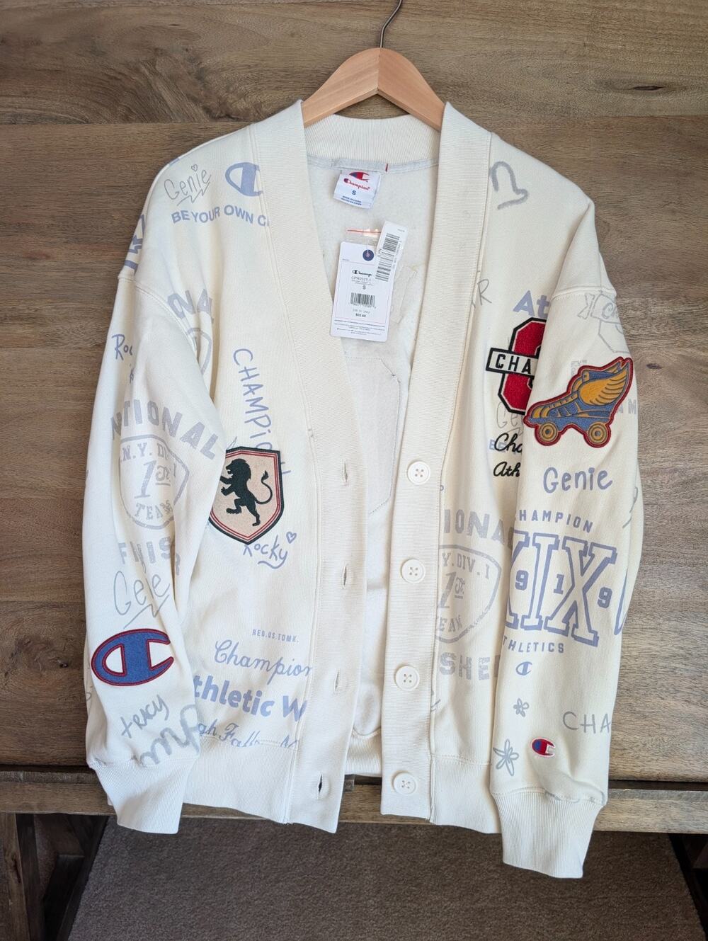 Champion Editorial Varsity Cardigan Sweater Womens Small Cream Long Sleeve NWT
